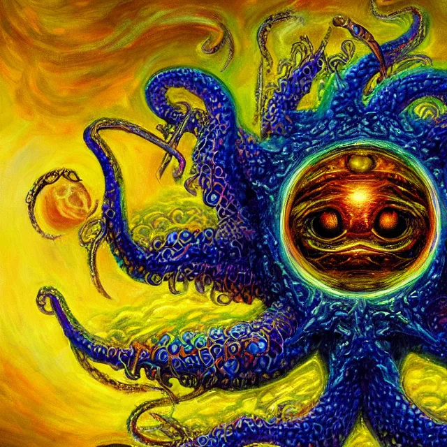 Image similar to angelic ophanim cthulhu mythos covered in eyes tentacles and golden light, oil painting award winning, chromatic aberration sharp colors