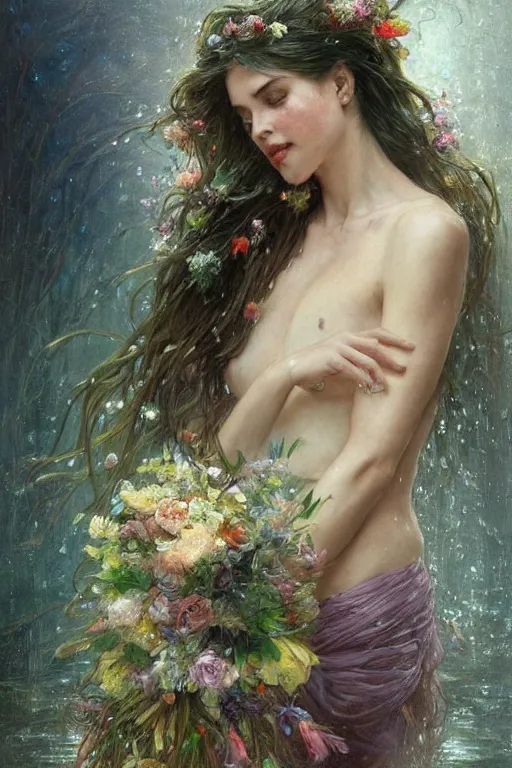 Image similar to portrait of a beautiful mysterious woman holding a bouquet of flowing flowers, drenched body, wet dripping long hair, hands hidden under the bouquet, emerging from the water, fantasy, regal, intricate, by stanley artgerm lau, greg rutkowski, thomas kindkade, alphonse mucha, loish, norman rockwell