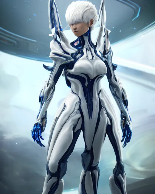 Image similar to perfect white haired alien being, warframe armor, beautiful, dreamy, half asian, pretty face, blue eyes, detailed, windy weather, scifi platform, laboratory, experiment, 4 k, ultra realistic, epic lighting, android body, illuminated, cinematic, high detail, masterpiece, art by akihito tsukushi, akihiko yoshida, voidstar