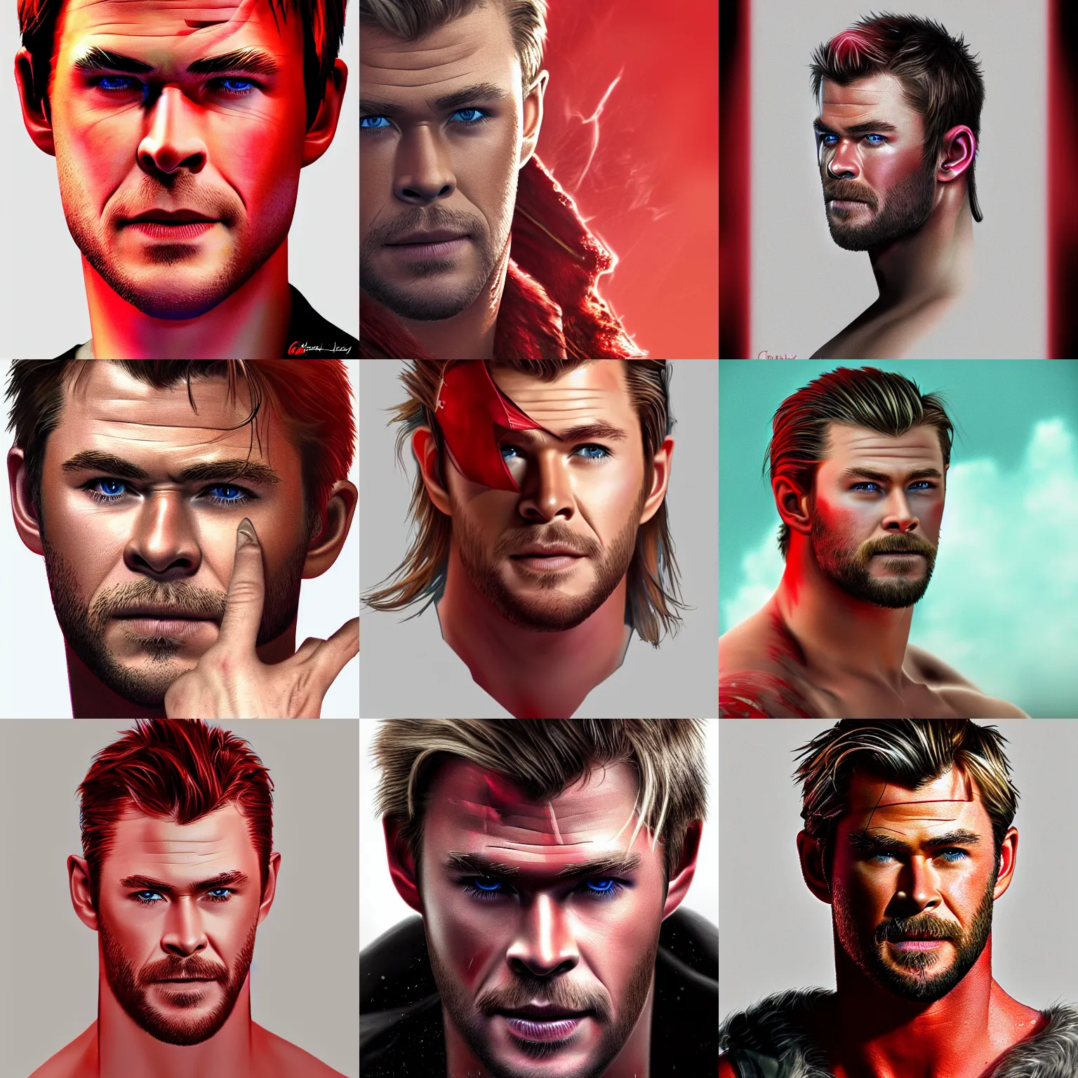 Prompt: Chris Hemsworth with red skin, detailed digital art, 4k, HD, trending on artstation