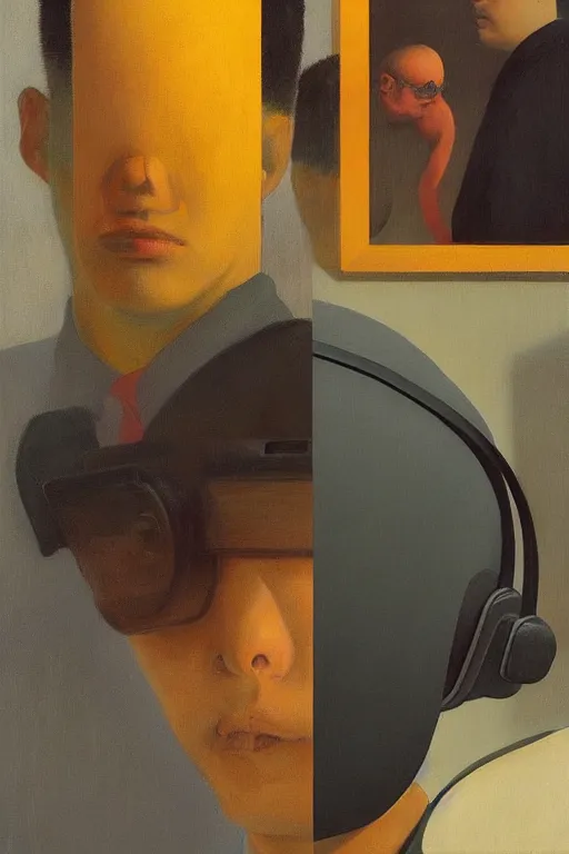 Image similar to Changpeng Zhao wearing oculus and Binance over his head Edward Hopper and James Gilleard, Zdzislaw Beksisnski, highly detailed