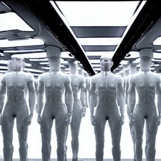 Image similar to mark zuckerberg sitting in front of his clones growing inside a vat of protein fluid. They are inside the cloning med bay of an alien ship. the ceiling and floor glow. from science fiction movie.