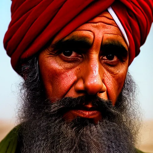 Image similar to portrait of president barack obama as afghan man, green eyes and red turban looking intently, photograph by steve mccurry