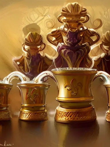 Prompt: a trio, a group of friends, cheers, arms up with golden cups. intricate, elegant, highly detailed, digital painting, artstation, concept art, sharp focus, illustration, by justin gerard and artgerm, 8 k