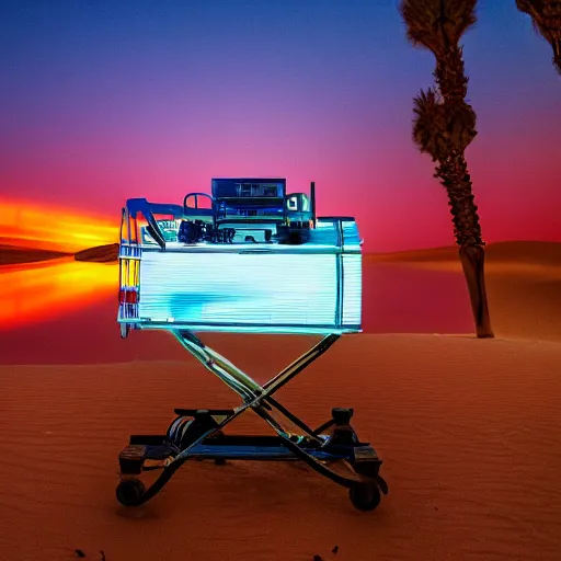 Prompt: 4 k hdr wide angle sony a 7 photo of a shopping cart with a boombox speaker inside half submerged in water in a desert oasis at sunset with neon lighting