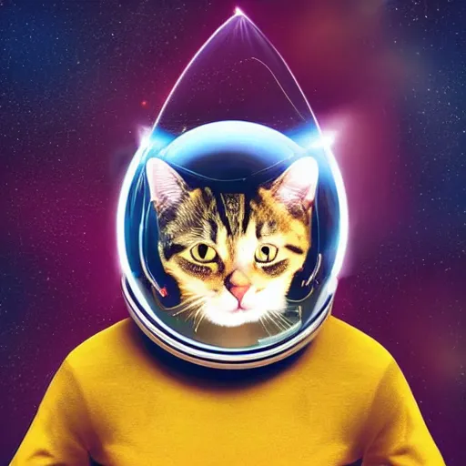 Prompt: a cute cat wearing a space helmet floating through an inter-dimensional gateway in space, dramatic lighting, cinematic, digital art