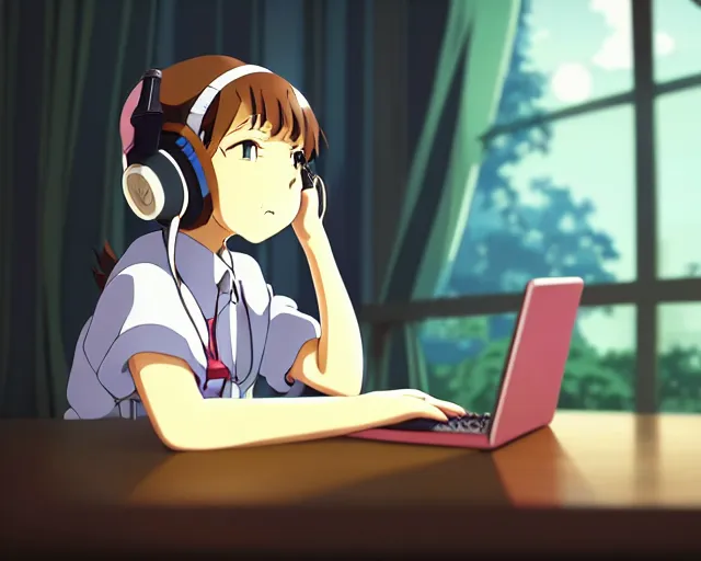 Image similar to anime fine details portrait of joyful school girl in headphones studying near monitor in her room at the table, evening, lamp, lo-fi, open window, dark city landscape on the background deep bokeh, profile close-up view, anime masterpiece by Studio Ghibli. 8k, sharp high quality anime