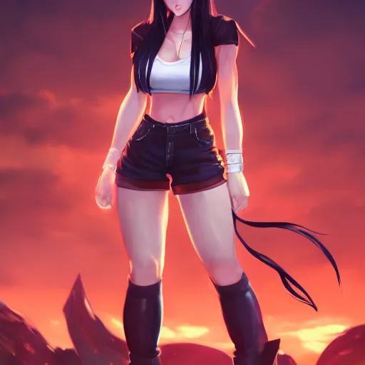 Image similar to full body shot of tifa lockhart by WLOP, rossdraws, Logan Cure, Mingchen Shen, BangkuART, sakimichan, yan gisuka, JeonSeok Lee, zeronis, Chengwei Pan on artstation