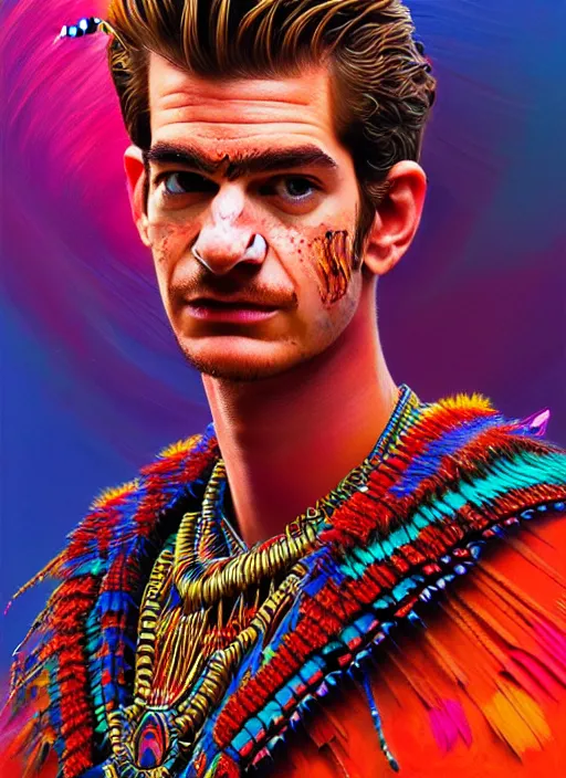 Image similar to portrait of andrew garfield, hyper detailed ultra sharp aztec shaman warrior. trending on artstation, warpaint aesthetic, bloodwave, colorful, psychedelic, ornate, intricate, digital painting, concept art, smooth, sharp focus, illustration, art by artgerm and greg rutkowski and h. r. giger, 8 k