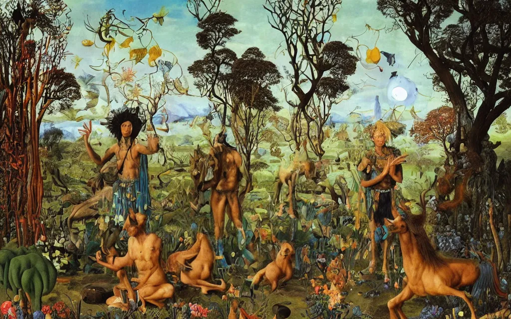 Image similar to photograph of a meditating centaur shaman and a catgirl feeding animals. surrounded by bulbous flowers, animals and a few trees. river delta with dry rocky mountains under a blue sky full of burning stars. painted by jan van eyck, max ernst, ernst haeckel, ernst fuchs and artgerm. trending on artstation, trending on cgsociety