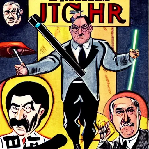 Image similar to comic book of angry jews with lightsabers and adolf hitler accurate eyes high detail