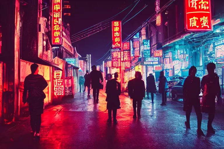 Prompt: dark corner of the street in cyberpunk city night chinese neon people