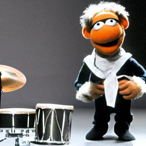 Image similar to a beautiful photo of Phil Collins as a Muppet, playing drums,