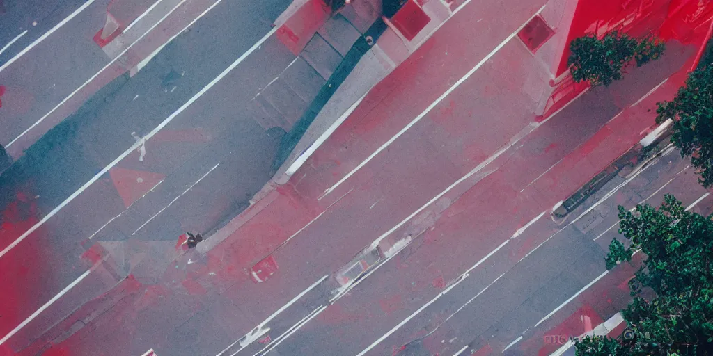 Prompt: analog polaroid photograph of an empty Hong Kong street, seen from above, drone footage, film grain, azure tones, red color bleed