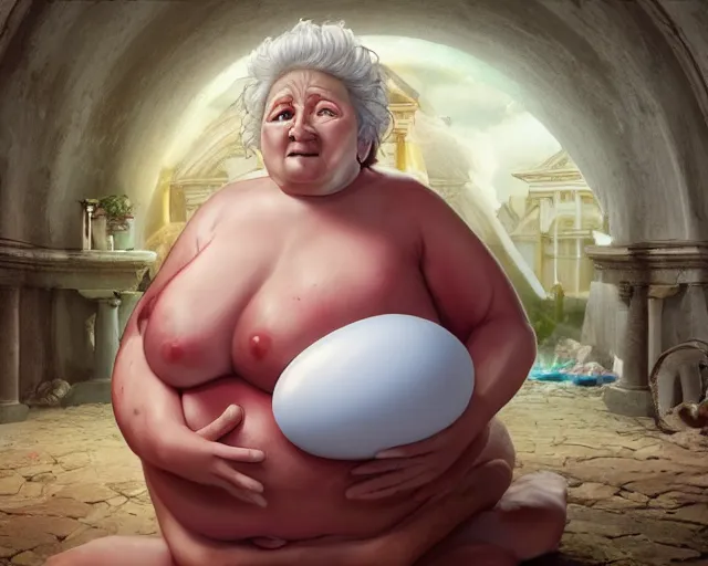 Image similar to of a very beautiful scene. ambient occlusion render. a sweet fat old woman is giving birth a beautiful colorful huge egg. hyper realistic. 4 k. wide angle. baroque style. symmetrical face, red mouth, blue eyes. deep focus, lovely scene. ambient occlusion render. concept art. unreal engine.