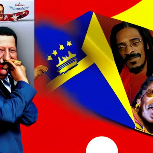 Image similar to hugo chavez smoking with snoop dog in a party inside a private jet, realistic render, award winning photography, very coherent, many details, venezuelan flag, detailed faces