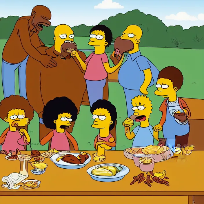 Prompt: African American family in 1979 with two daughters and a son eating chicken, mash potatoes, and rolls for dinner. Cartoon version Simpsons style