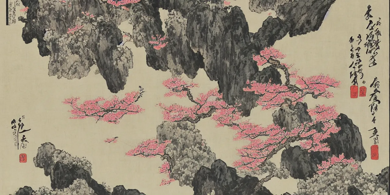 Image similar to sakuras, taoist monks and temples in huangshan, artwork by katsushika hokusai and utagawa hiroshige on old parchment