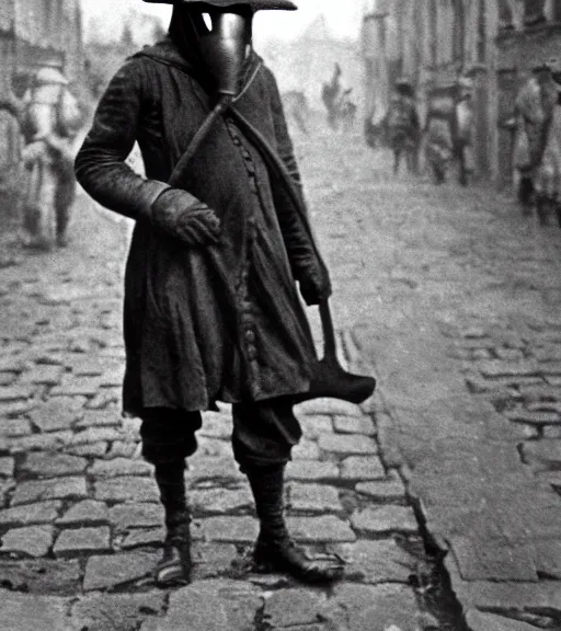 Prompt: a man at wearing plague doctor mask in distance, ww1 film photo, grainy, high detail, high resolution