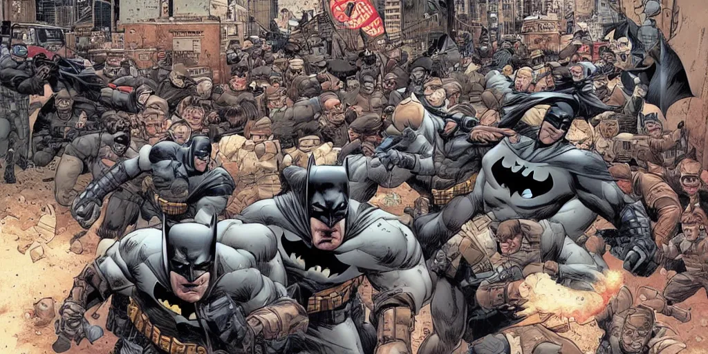 Prompt: Batman fighting mall-cops. Epic painting by James Gurney and Laurie Greasley.