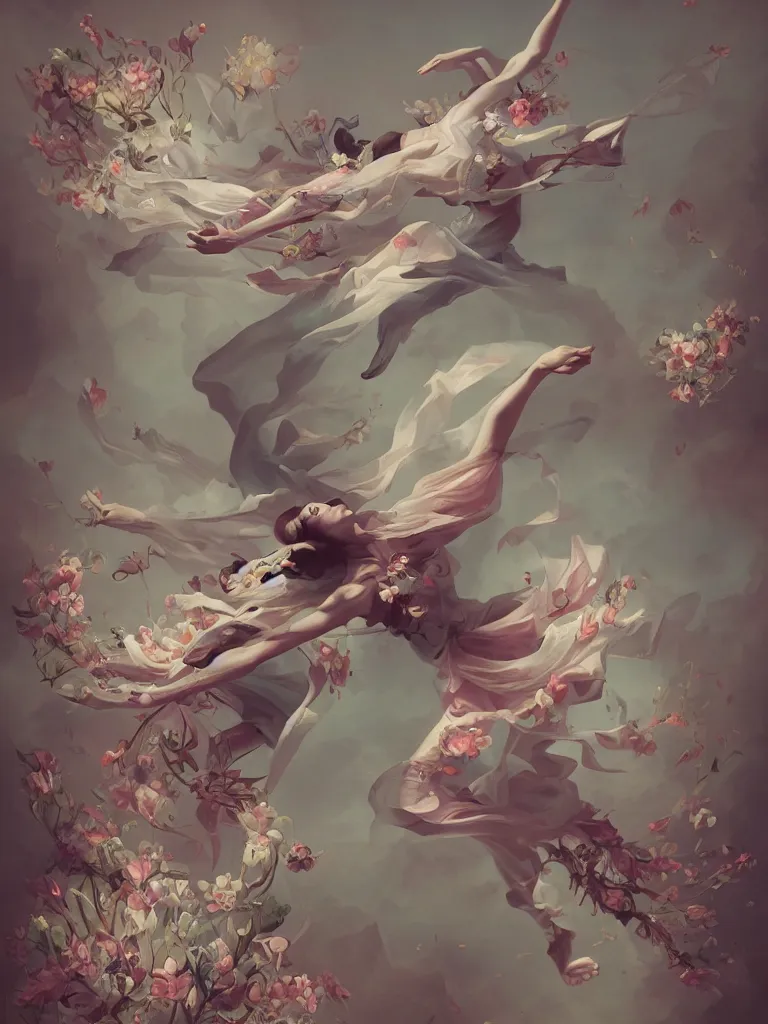 Image similar to a flying body covered in flowers in a dynamic pose, in the style of peter mohrbacher, highly detailed, soft lighting, art nouveau patterns, trending on artstation