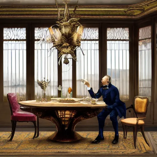 Prompt: Detailed matte painting glamour shot of a dapper male sitting at a dining table with large fancy feast meal by Karol Bak and Thomas Eakins, centered, inside interior Victorian art deco elegant dining room with large windows with view of Florence Italy by Lee Madgwick and Canaletto, by Beeple, unreal engine, trending on artstation behance 500px, Victorian, Calvin Coolidge, Famous artwork by Van Gogh hanging on walls, volumetric lighting, cinematic lighting, realistic lighting, detailed lighting, 4k hd wallpaper