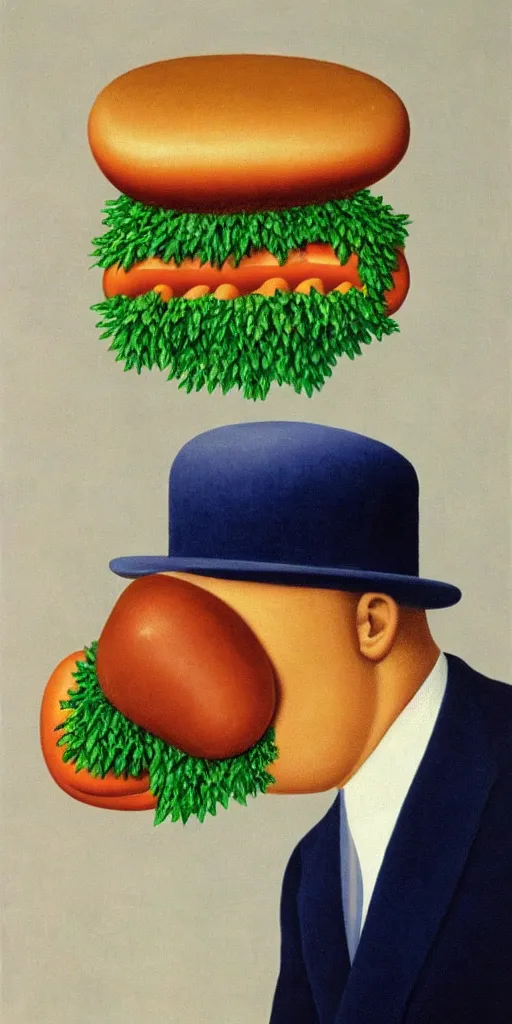 Prompt: A Rene Magritte Son Of Man painting of a man with a hat on a blue background, a floating hotdog blocks the man’s face, The Son Of Man