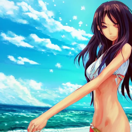 Image similar to anime style, vivid, expressive, full body, 4 k, painting, a cute magical woman with a long wavy black hair at beach, stunning, realistic light and shadow effects, centered, simple background, ikki tousen, studio ghibly makoto shinkai yuji yamaguchi