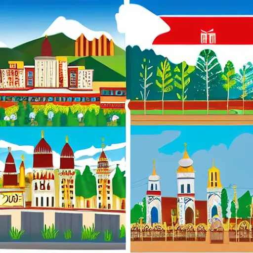 Prompt: city in Kyrgyz, storybook illustration