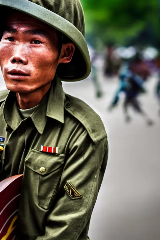 Image similar to vietnam soldier with skateboard, pulitzer award, big close up, captured by nikon d 8 5 0, 4 k, body features, face features, bokeh, proportional, object features, by daniel berehulak and adnan abidi and preston gannaway