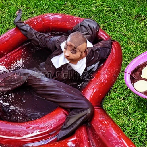 Image similar to a suited sliding through chocolate pudding head first, slip n slide, stock photo