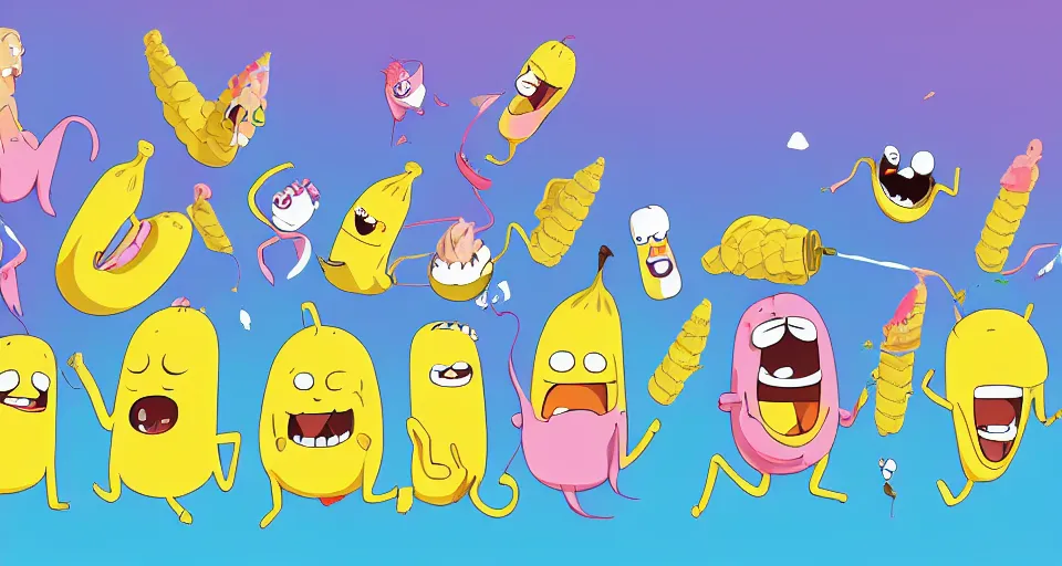 Prompt: cartoon bananas with wings and beaks, swimming in ice cream, in the style of adventure time, the amazing world of gumball, pixar, makoto shinkai, trending on artstation