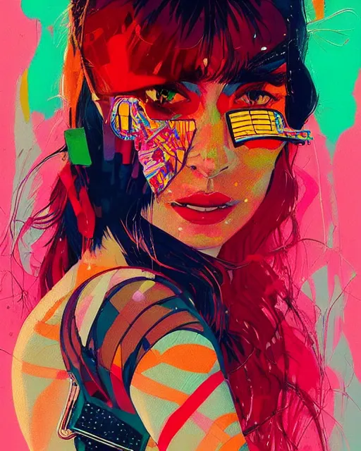 Prompt: an ultradetailed beautiful painting of a stylish woman with colorful band aids, rave concert poster, retro, conrad roset, greg rutkowski, flume cover art, 8 0 s