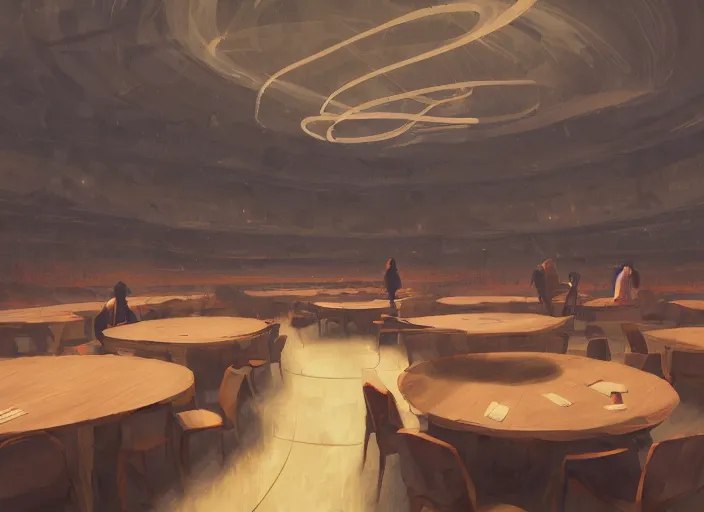 Prompt: cartoon background clean neat clarity professional visual development set design, large hall, people sitting on ten round tables, dim painterly lighting volumetric aquatics, impasto, trending on pixiv