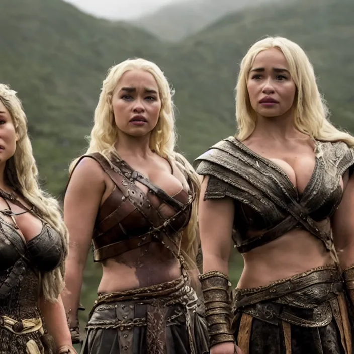 Prompt: movie still of lindsey pelas and emilia clarke as xena