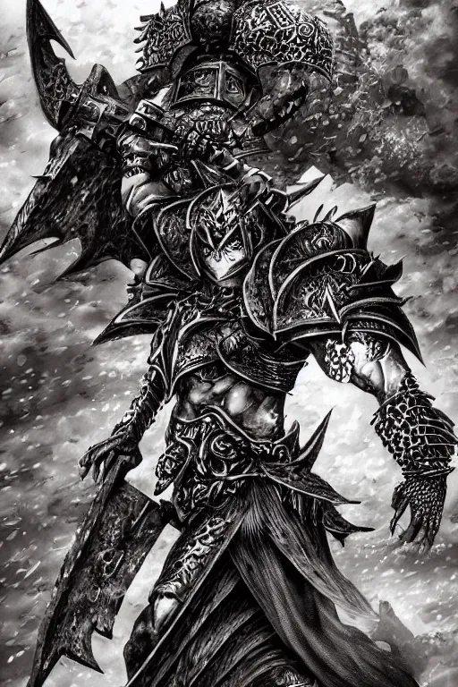 Image similar to chaos warrior, fantasy, warhammer, highly detailed, digital art, sharp focus, trending on art station, kentaro miura manga art style