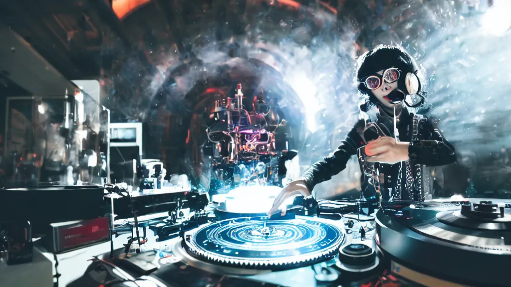 Prompt: an asian woman wearing goggles and visor and headphones using an intricate clockwork record player turntable contraption, robot arms, turntablism dj scratching, intricate planetary gears, smoky atmosphere, cinematic, sharp focus, led light strips, bokeh, iridescent, black light, fog machine, hazy, lasers, spotlights, motion blur, color