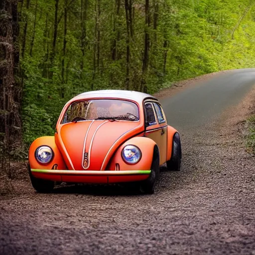 Image similar to promotional scifi - mystery movie scene of a ( volkswagen beatle ) and ladybug hybrid that's more ladybug. racing down a dusty back - road in smokey mountains tennessee. cinematic, 4 k, imax, 7 0 mm, hdr