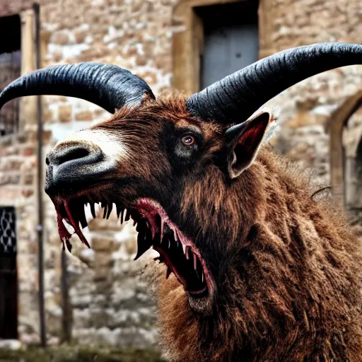 Prompt: horror, huge, vicious goat mutant monster with short blunt horns, mouth yawning wide, crocodile - like teeth, filthy matted fur, in muddy medieval village square