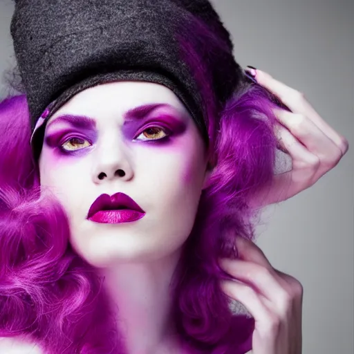 Image similar to a woman with pink hair and purple eyebrows, editorial fashion photography