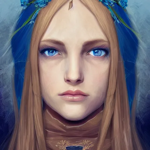 Prompt: portrait, 30 years old women :: fantasy :: blue eyes, long straight blonde hair, flower in hair :: attractive, symmetric face :: brown medieval cloting, natural materials :: high detail, digital art, RPG, concept art, illustration