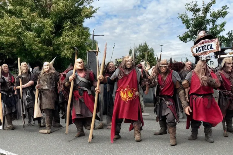 Prompt: cellphone photograph of lord of the rings uruk - hai and orcs protesting the working conditions at a mcdonalds parking lot in the daylight. dirty mcdonalds uniforms, aprons. picket signs and battleaxes in hand