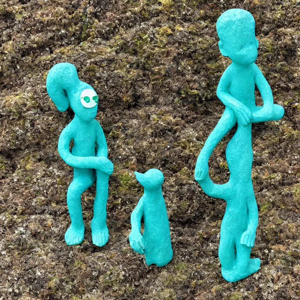 Prompt: Stone figurine of Gumby covered in bright blue moss