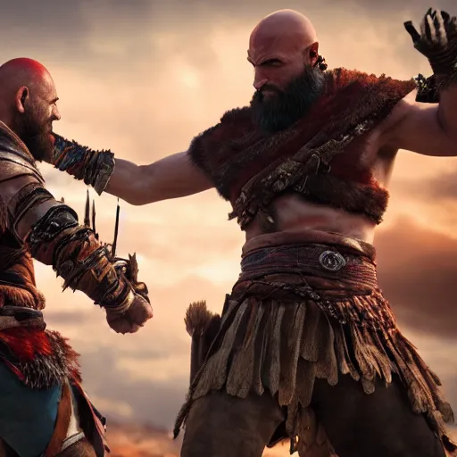 Prompt: Kratos and Aloy handshaking vigorously on a battlefield, digital art, unreal engine render, highly detailed, close up shot, dramatic lighting