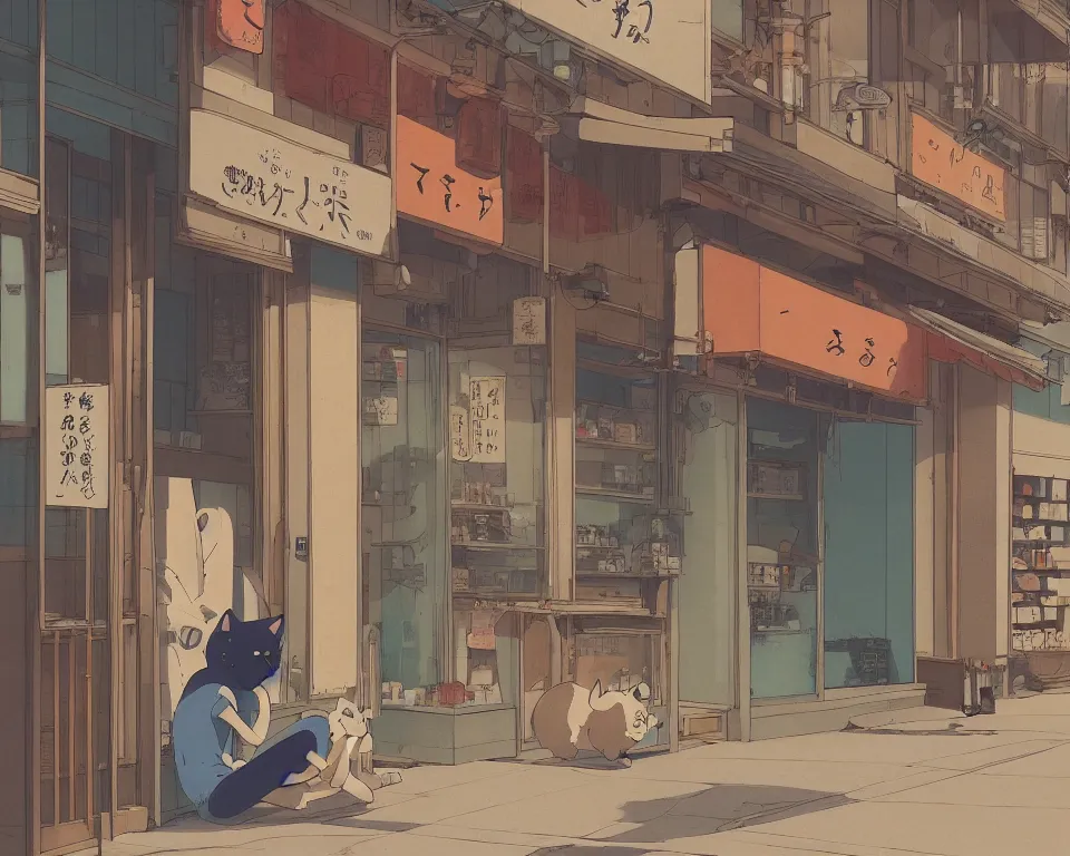 Prompt: beautiful illustration of a lazy cat siting in front of a small shop front in kyoto on a fine summers day, anime manga style, aesthetic, cory loftis, james gilleard, atey ghailan, makoto shinkai, goro fujita, studio ghibli, makoto shinkai