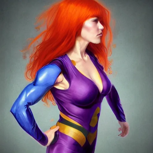 Prompt: full figure ultra realistic illustration, extremely tall female wrestler with orange hair with bangs wearing a purple costume, intricate, elegant, highly detailed, digital painting, artstation, concept art, smooth, sharp focus, illustration, art by artgerm and greg rutkowski and alphonse mucha