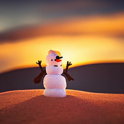 Image similar to a snowman is lost in the desert at sunset, he’s next to a sandcastle, beautiful photography, 8k, ambient light