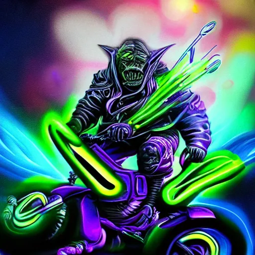 Prompt: psychedelic blacklight airbrush artwork, hyper stylized action shot of a menacing orc riding a motorcycle, clear focused details, soft airbrushed artwork, black background, cgsociety, artstation