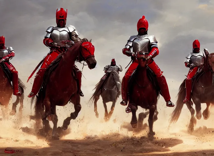 Prompt: cinematic action shot of warriors wearing red armor in battle against cowboy outriders on horseback wearing silver armor and cowboy hats by Greg Rutkowski, 4k, masterpiece