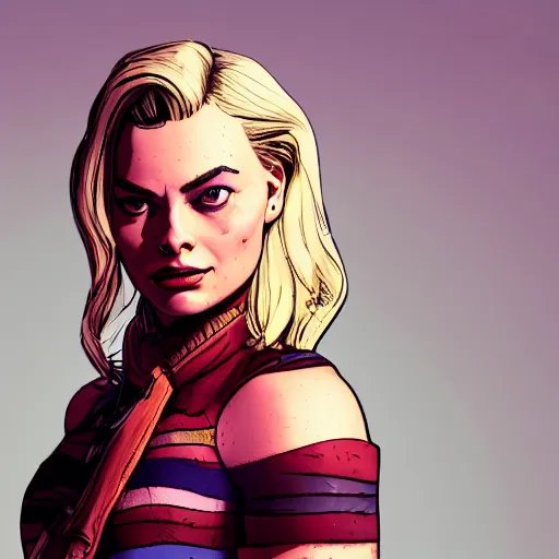 Image similar to margot robbie portrait, borderlands, tales from the borderlands, the wolf among us, comic, cinematic lighting, studio quality, 8 k